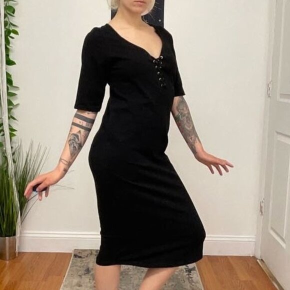 Monrow Mommy Jersey Lace-Up Midi Dress Short Sleeve Size L Black - Picture 14 of 16